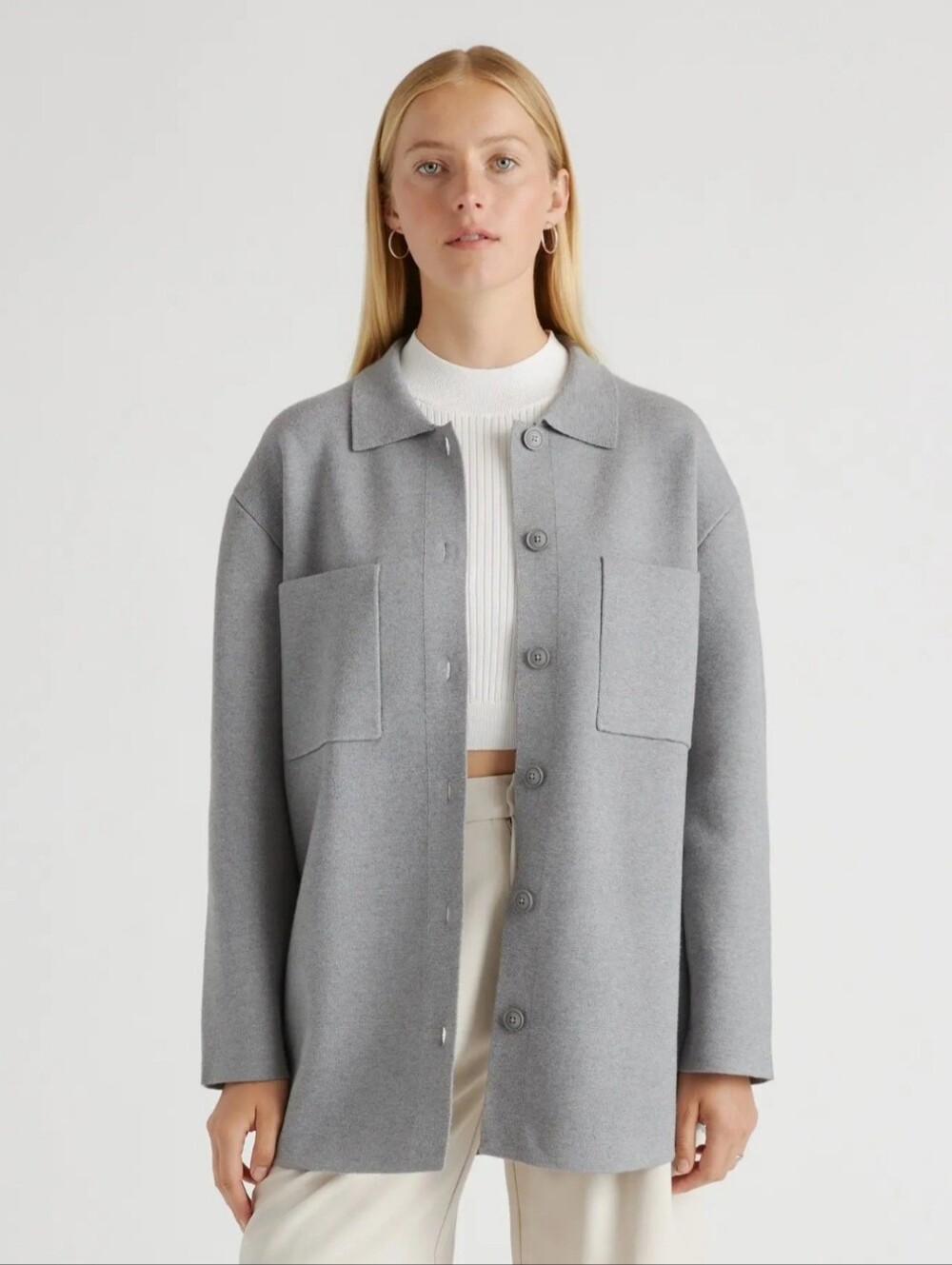 NWT Quince Eco-knit Milano Stitch Oversized Shirt Jacket in Heather Gray Large